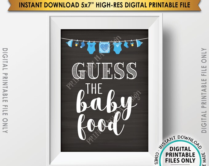Guess the Baby Food Sign, Baby Food Guessing Game, Baby Shower Game, Guessing Game, Blue, Chalkboard Style PRINTABLE 5x7” Instant Download