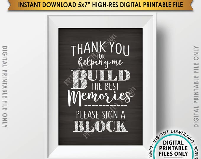 Sign a Block Sign, Thank You for Helping Me Build Memories, Graduation Party, Retirement, Bon Voyage, Chalkboard Style PRINTABLE 5x7” <ID>