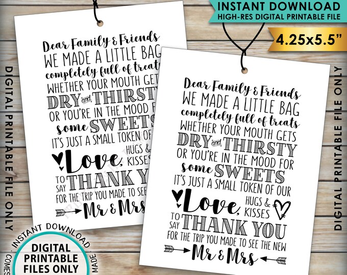 Wedding Tags, Thank You Welcome Bag, Out of Town Guests, Destination Wedding Thank Yous, PRINTABLE 4.25x5.5" tags on 8.5x11" Sheet