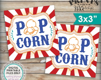 Popcorn Signs, Popcorn Favors, Popcorn Treat Bag Tags, Popcorn Carnival Cards, Circus Treat, Six 3x3" tags on PRINTABLE 8.5x11" Sheet <ID>