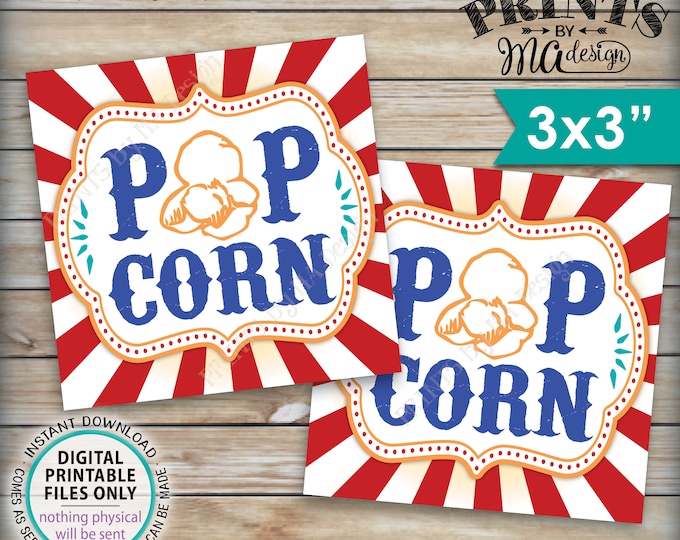 Popcorn Signs, Popcorn Favors, Popcorn Treat Bag Tags, Popcorn Carnival Cards, Circus Treat, Six 3x3" tags on PRINTABLE 8.5x11" Sheet <ID>