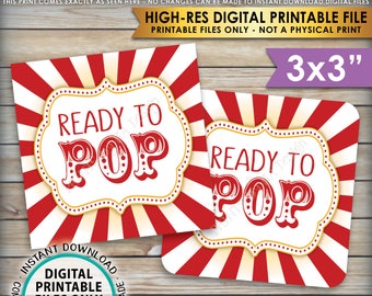 Ready to Pop Baby Shower Labels Cards Tags, Circus Theme Popcorn Carnival Baby Shower Decor, 3x3" cards on 8.5x11" PRINTABLE Sheet <ID>