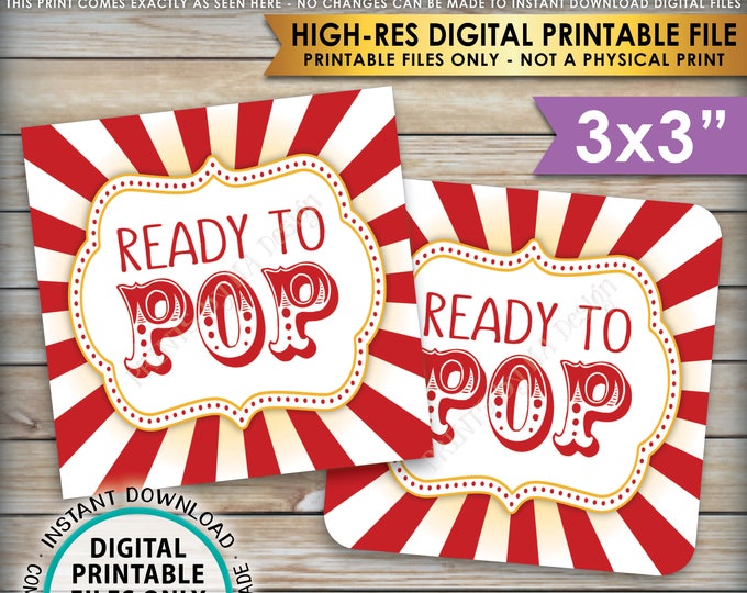 Ready to Pop Baby Shower Labels Cards Tags, Circus Theme Popcorn Carnival Baby Shower Decor, 3x3" cards on 8.5x11" PRINTABLE Sheet <ID>