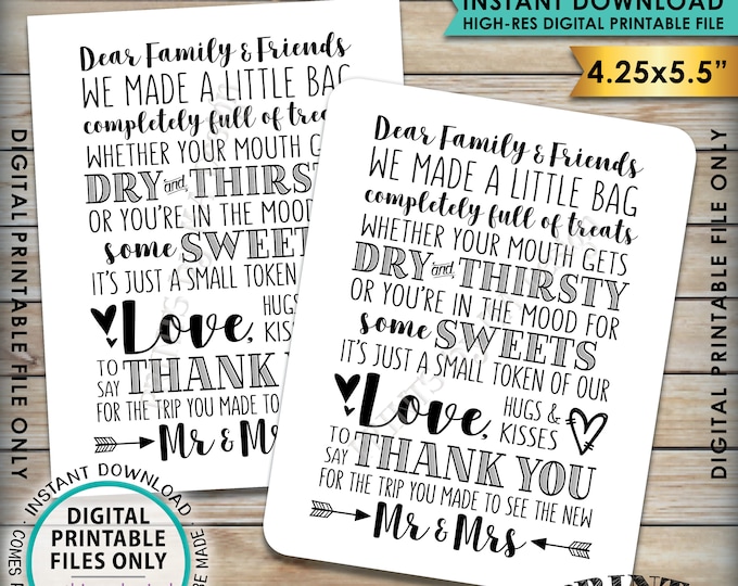 Thank You Welcome Bag Card, Welcome Out of Town Guests, Destination Wedding Thanks 4.25x5.5" Goody Bag Cards on PRINTABLE 8.5x11" Sheet <ID>