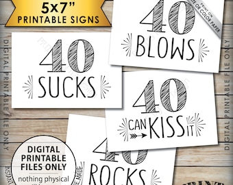 40th Birthday Candy Signs, 40 Sucks 40 Rocks 40 Blows 40 Can Kiss It, Fortieth Birthday Party Decor, 4 PRINTABLE 5x7 Instant Download Signs