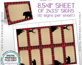 Lumberjack Labels, Red Checker Buffalo Plaid Food Labels, Buffet Cards, Table Tent Menus, Bear Deer Trees, PRINTABLE 8.5x11” Sheet <ID>