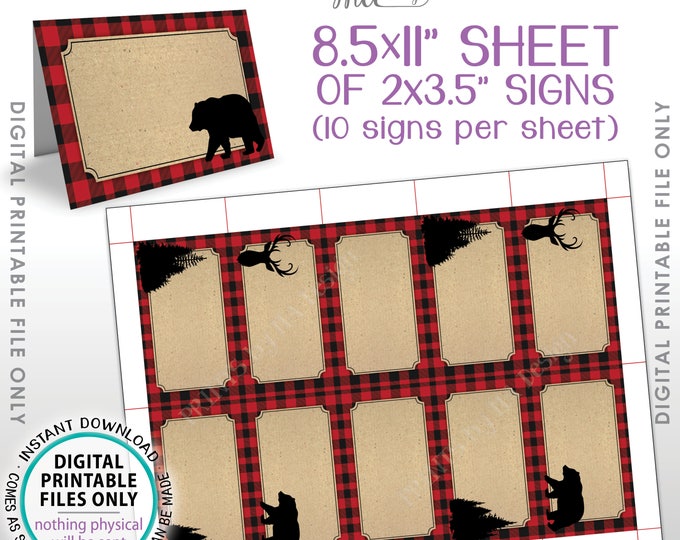 Lumberjack Labels, Red Checker Buffalo Plaid Food Labels, Buffet Cards, Table Tent Menus, Bear Deer Trees, PRINTABLE 8.5x11” Sheet <ID>