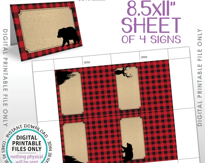 Lumberjack Theme Labels, Red Checker Buffalo Plaid Table Tent Menu Labels, Food Labels Buffet Cards, PRINTABLE 8.5x11” Instant Download