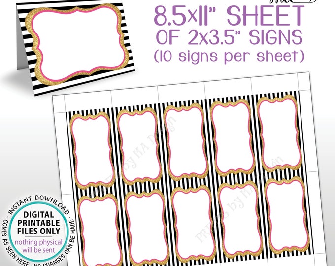 Food Labels, Table Tent Menu Buffet Food Tags, Place Cards, Black Pink & Gold Glitter, BLANK 3.5x2" Cards on PRINTABLE 8.5x11” Sheet <ID>