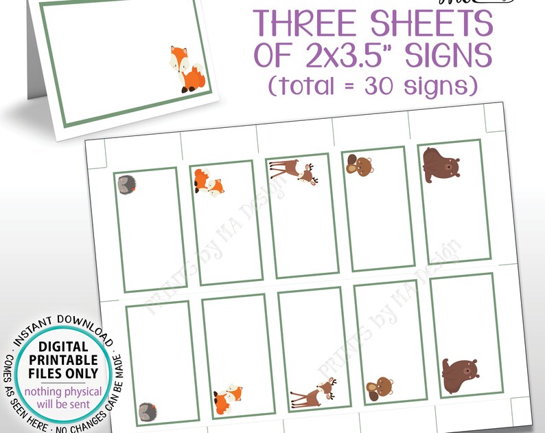 Woodland Baby Shower Food Labels Mini Menu Table Tent Forest Animcals Placecard 30 Blank 2x35 cards on a PRINTABLE 85x11