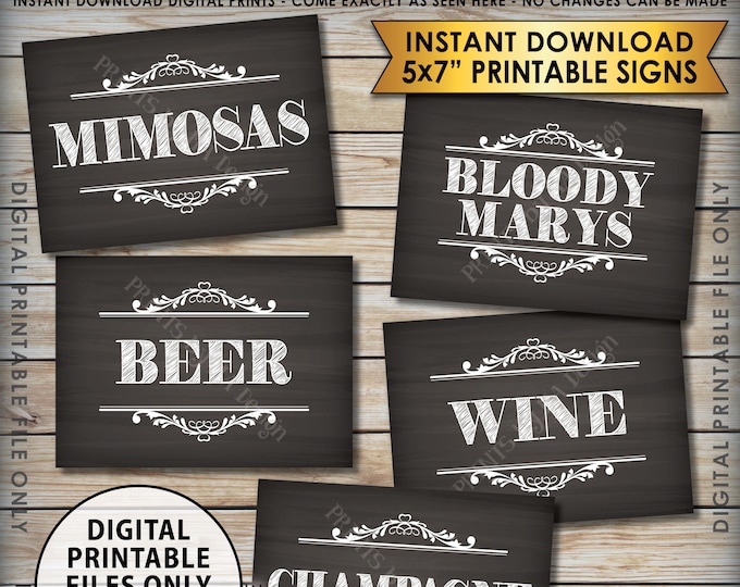 Bar Signs, Alcohol Beverage Station, Alcoholic Drinks, Beer Wine Mimosa Bloody Mary Champagne, Five 5x7” Chalkboard Style Drink Signs <ID>