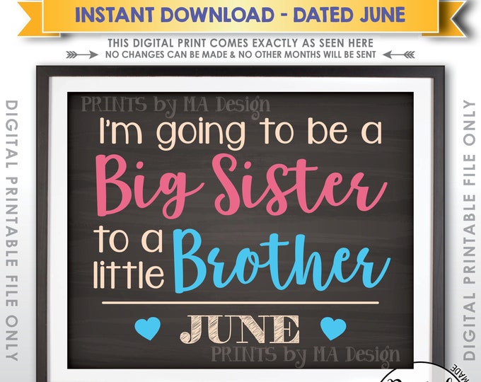 It's a Boy Gender Reveal Pregnancy Announcement, Going to be a Big Sister to a Little Brother in JUNE Dated PRINTABLE Boy Reveal Sign <ID>