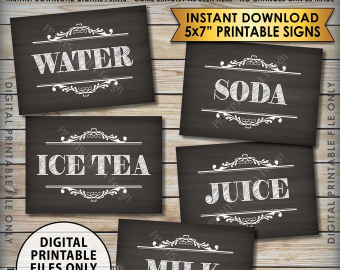 Beverage Station Soft Drink Signs, Soda Juice Water Ice Tea, Wedding Shower, Graduation, 5 Chalkboard Style PRINTABLE 5x7” Drink Signs <ID>