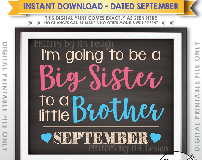 It's a Boy Gender Reveal Pregnancy Announcement I'm Going to be a Big Sister to a Little Brother in SEPTEMBER Chalkboard Style PRINTABLE<ID>