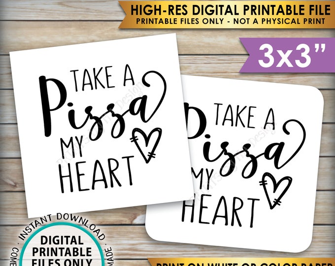 Pizza Labels, Take a Pizza My Heart Valentine's Day Pizza Box Labels, Wedding Pizza, Instant Download PRINTABLE 3x3" Labels on 8.5x11" sheet