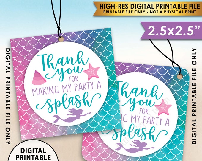 Mermaid Party Thank You Tags, Birthday Party, Under the Sea Watercolor Style Thank You Tag, 2.5" tags on 8.5x11" Printable Instant Download