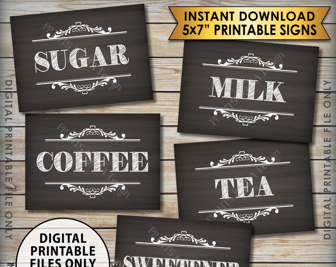 Coffee Bar Signs, Coffee Sign, Beverage Station, Tea Sign, Wedding Shower Reception Graduation, 5 Chalkboard Style PRINTABLE 5x7” Signs <ID>