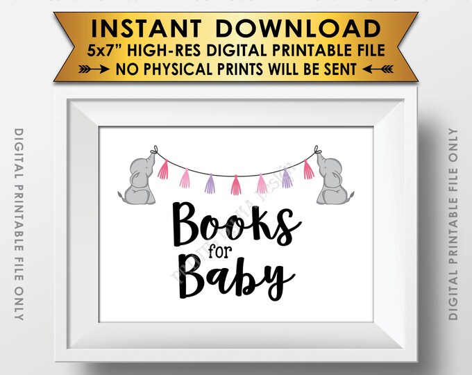 Books for Baby Shower Sign, Books Sign, Elephant Themed Baby Shower Decor, Elephant Baby Shower Books Sign, PRINTABLE 5x7” Books Sign <ID>