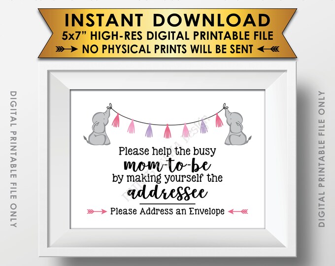 Address an Envelope Sign, Elephant Baby Shower Help the Busy Mom-to-Be Sign, Pink Baby Shower Decor, PRINTABLE 5x7” Baby Shower Sign <ID>