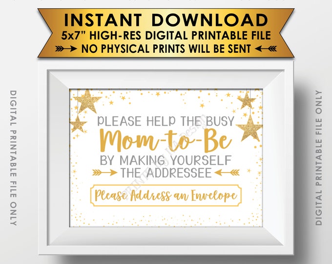 Address an Envelope Baby Shower Sign, Addressee Thank You Card Envelope Sign Baby Shower Twinkle Stars Gold Glitter PRINTABLE 5x7” Sign <ID>