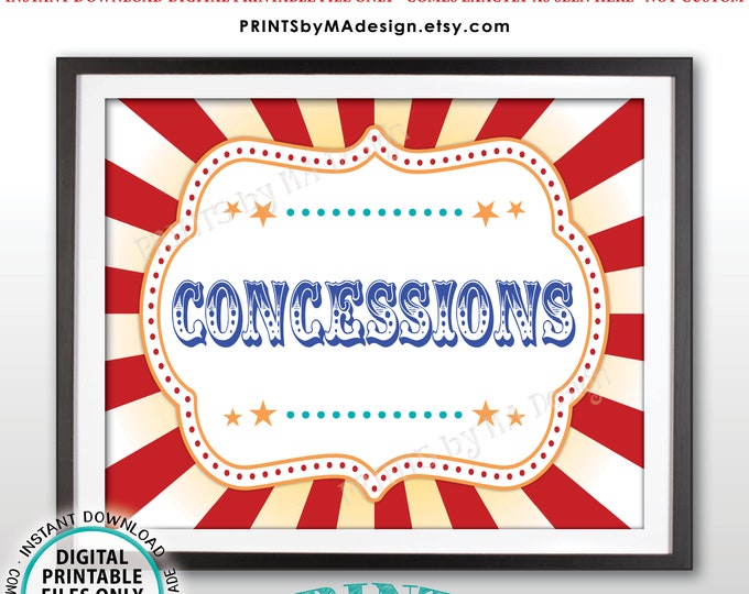 Carnival Party Concessions Sign, Concession Stand Carnival Sign, Circus Food, Snacks, Treats, Candy, Drinks, PRINTABLE 8x10/16x20” Sign <ID>