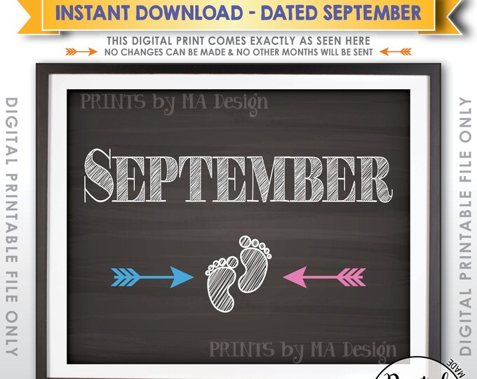 September Pregnancy Announcement Sign, Subtle Due Date Month, Expecting in SEPTEMBER Dated Chalkboard Style PRINTABLE Baby Reveal Sign <ID>