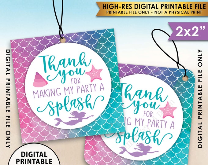 Mermaid Party Thank You Tags, Birthday Party, Under the Sea Watercolor Style Thank You Tags, 2" tags on PRINTABLE 8.5x11" Sheet <ID>