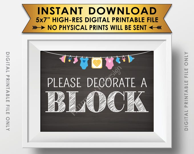 Decorate a Block Sign Baby Shower Activity, Color a Block Baby Blocks Sign a Block, Gender Neutral Chalkboard Style PRINTABLE 5x7” Sign <ID>