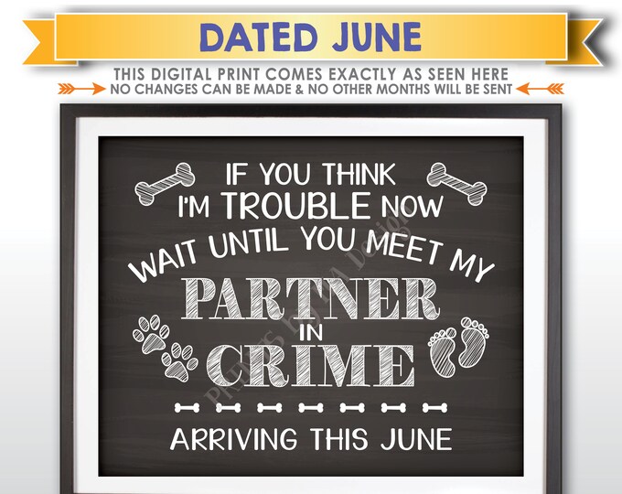 Pregnancy Announcement, Dog Partners in Crime, Meet My Partner in Crime in JUNE Dated Chalkboard Style PRINTABLE Dog Baby Reveal Sign <ID>