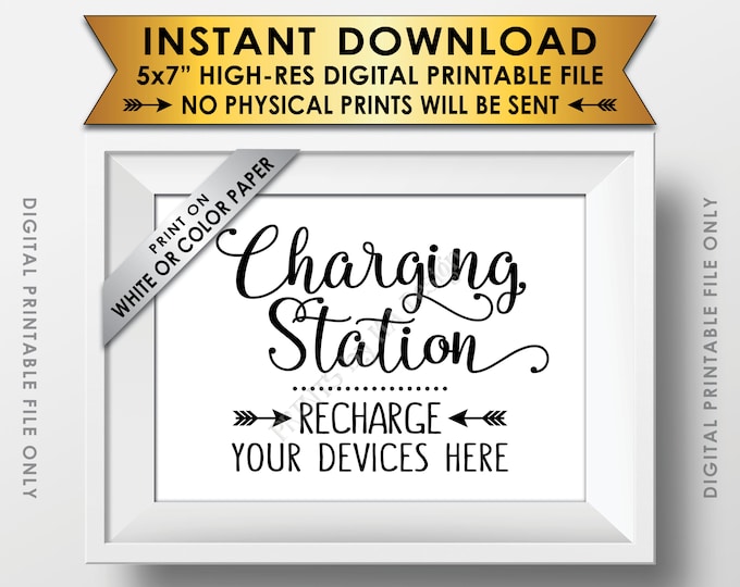Charging Station Sign, Recharge Your Devices Here, Wedding Charge Bar, Recharge Here, Low Battery Charge, 5x7” Printable Instant Download
