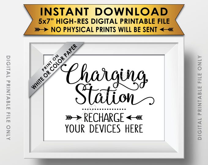 Charging Station Sign, Recharge Your Devices Here, Wedding Charge Bar, Recharge Here, Low Battery Charge, 5x7” Printable Instant Download