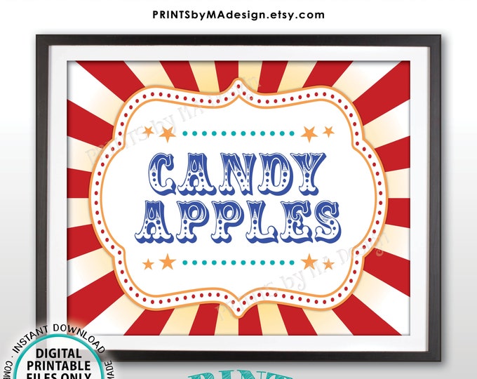 Carnival Candy Apples Sign, Circus Candied Apple Station, Carnival Birthday Party Sweet Treat, PRINTABLE 8x10/16x20” Carnival Food Sign <ID>