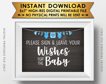 Wishes for Baby Sign, Please Sign & Leave your Wishes for the Baby Shower Sign, Blue Clothesline, Chalkboard Style PRINTABLE 5x7” <ID>