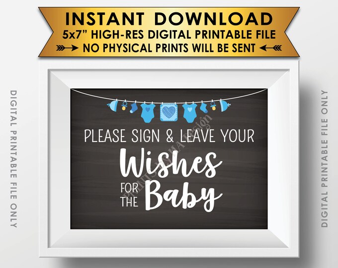 Wishes for Baby Sign, Please Sign & Leave your Wishes for the Baby Shower Sign, Blue Clothesline, Chalkboard Style PRINTABLE 5x7” <ID>