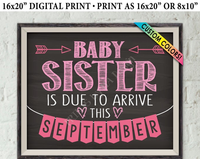 It's a Girl Gender Reveal, Getting a Baby Sister Pregnancy Announcement, Baby Sis is Due, Custom Chalkboard Style PRINTABLE 8x10/16x20” Sign