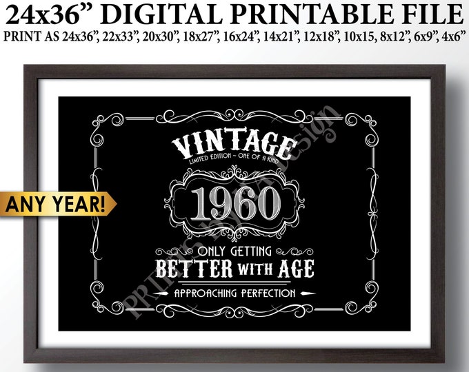 Vintage Birthday Sign, Better with Age Party Decorations, Liquor Themed Bday Party, PRINTABLE Black & White 24x36” Digital File