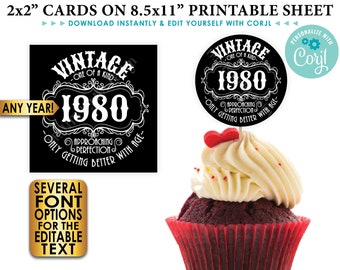 Vintage Birthday Sign, Better with Age, Liquor Theme B-day Favors, Cupcake Topper, Candy Gift, Any Year, PRINTABLE 8.5x11" Sheet of 2" Cards
