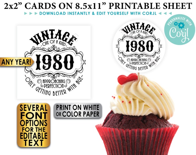 Vintage Birthday Better with Age, Any Year B-day Cupcake Topper, 2" Cards, Digital PRINTABLE 8.5x11" File <Edit Yourself with Corjl>