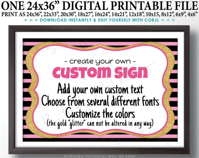 Editable Stripes Sign, Gold Glitter, Choose Your Text and Colors, Design a Custom PRINTABLE 24x36" Landscape Design <Edit Yourself w/Corjl>