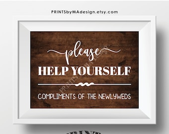 Please Help Yourself - Compliments of the Newlyweds, Restroom/Bathroom Basket Sign, PRINTABLE 5x7” Brown Rustic Wood Style Wedding Sign <ID>