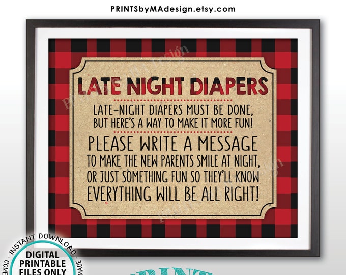 Late Night Diaper Sign, Lumberjack Late-Night Diapers Sign the Diaper Baby Shower Game, Buffalo Plaid, Checker, PRINTABLE 8x10” Sign <ID>