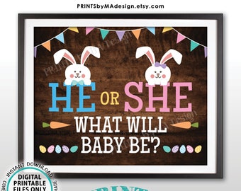 Easter Gender Reveal Pregnancy Announcement, He or She What Will Baby Be?, PRINTABLE 8x10/16x20” Rustic Wood Style Sign <Instant Download>