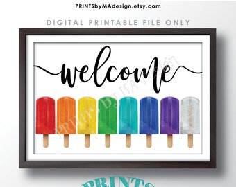 Welcome Sign, Ice Pops Frozen Dessert, PRINTABLE 24x36” Sign w/Colorful Rainbow Frozen Treats, Hello Summer <Instant Download>
