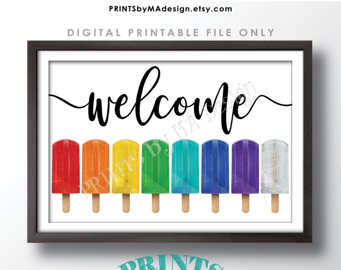 Welcome Sign, Ice Pops Frozen Dessert, PRINTABLE 24x36” Sign w/Colorful Rainbow Frozen Treats, Hello Summer <Instant Download>