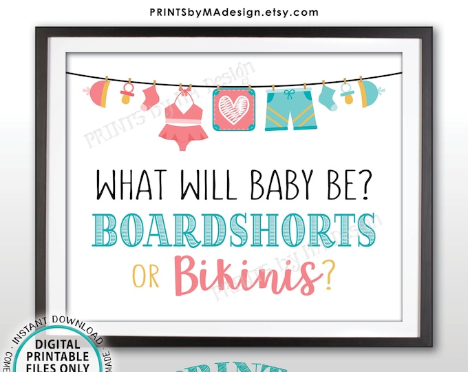 Boardshorts or Bikinis Gender Reveal Sign, Gender Reveal Decor, Boy or Girl, PRINTABLE 8x10/16x20” Gender Announcement <ID>