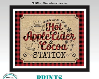 Hot Cocoa and Apple Cider Sign, Warm Up at the Hot Apple Cider & Cocoa Station, Red Checker, Beverage, PRINTABLE 8x10” Lumberjack Sign <ID>