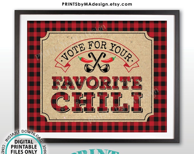 Vote for Your Favorite Chili Sign, Red & Black Checker Lumberjack PRINTABLE 8x10/16x20” Chili Voting Sign, Chili Cook-Off Sign <ID>