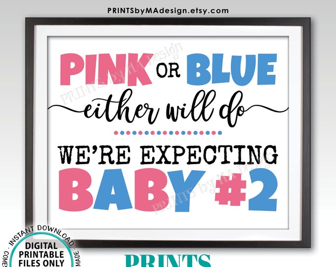 Baby Number 2 Pregnancy Announcement Sign, Pink or Blue Either Will Do Second Child Gender Reveal, PRINTABLE 8x10/16x20” Baby #2 Sign <ID>