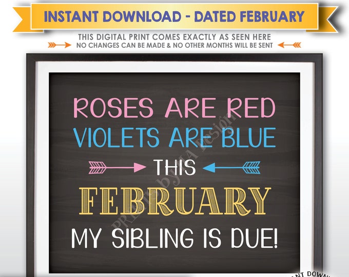 Pregnancy Announcement, Roses are Red Violets are Blue My Sibling is due FEBRUARY dated Chalkboard Style PRINTABLE Baby Reveal Sign <ID>