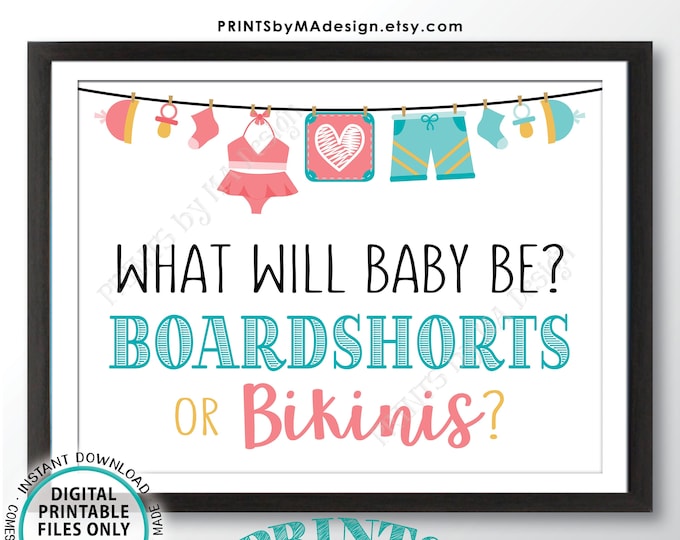 Boardshorts or Bikinis Gender Reveal Sign, Gender Reveal Decor, Boy or Girl, PRINTABLE 18x24” Gender Announcement <ID>